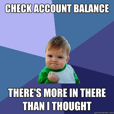 CHECK ACCOUNT BALANCE THERE's MORE IN THERE THAN I THOUGHT  Success Kid