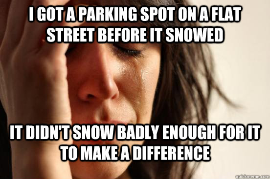 I GOT A PARKING SPOT ON A FLAT STREET BEFORE IT SNOWED IT DIDN'T SNOW BADLY ENOUGH FOR IT TO MAKE A DIFFERENCE  First World Problems