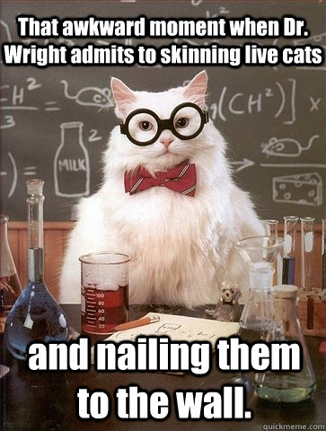 That awkward moment when Dr. Wright admits to skinning live cats and nailing them to the wall.  - That awkward moment when Dr. Wright admits to skinning live cats and nailing them to the wall.   Chemistry Cat