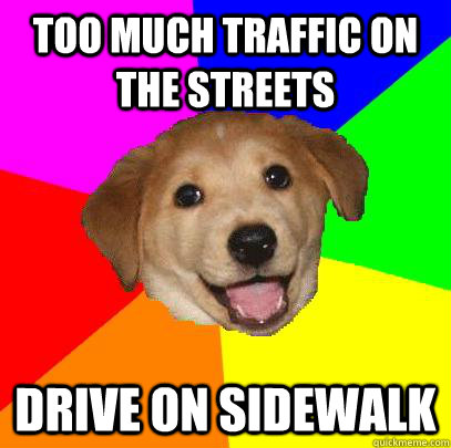 Too much traffic on the streets Drive on sidewalk  Advice Dog