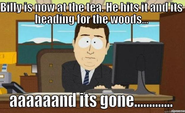 haha billy - BILLY IS NOW AT THE TEA. HE HITS IT AND ITS HEADING FOR THE WOODS... AAAAAAND ITS GONE............. aaaand its gone