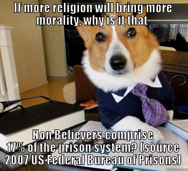 IF MORE RELIGION WILL BRING MORE MORALITY, WHY IS IT THAT  NON BELIEVERS COMPRISE 17% OF THE PRISON SYSTEM? (SOURCE 2007 US FEDERAL BUREAU OF PRISONS) Lawyer Dog