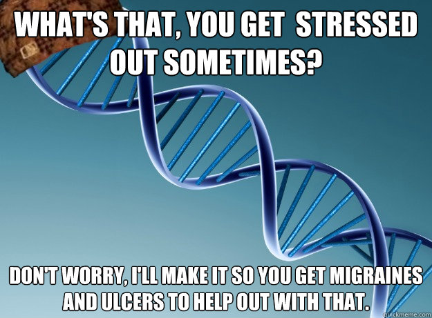 What's that, you get  stressed out sometimes? Don't worry, I'll make it so you get migraines and ulcers to help out with that.  Scumbag Genetics