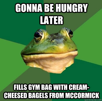 gonna be hungry later fills gym bag with cream-cheesed bagels from mccormick - gonna be hungry later fills gym bag with cream-cheesed bagels from mccormick  Foul Bachelor Frog