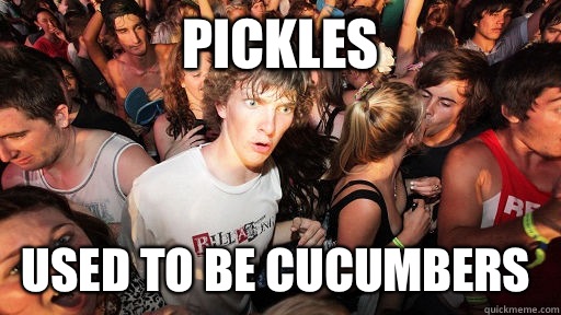 Pickles  Used to be cucumbers   Sudden Clarity Clarence