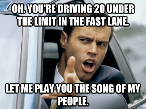 Oh. You're driving 20 under the limit in the fast lane. Let me play you the song of my people.  Asshole driver