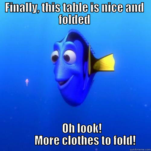 FINALLY, THIS TABLE IS NICE AND FOLDED        OH LOOK!           MORE CLOTHES TO FOLD! dory