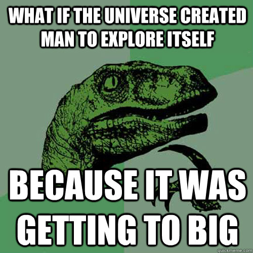 What if the universe created  man to explore itself because it was getting to big - What if the universe created  man to explore itself because it was getting to big  Philosoraptor