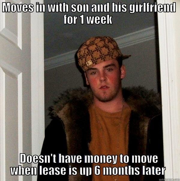 MOVES IN WITH SON AND HIS GIRLFRIEND FOR 1 WEEK  DOESN'T HAVE MONEY TO MOVE WHEN LEASE IS UP 6 MONTHS LATER  Scumbag Steve