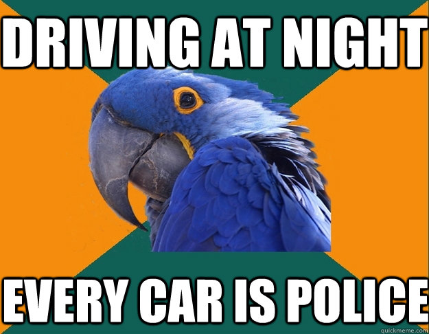 driving at night every car is police  Paranoid Parrot