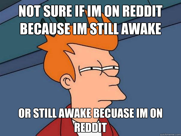 not sure if im on reddit because im still awake or still awake becuase im on reddit  Futurama Fry