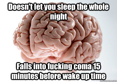 Doesn't let you sleep the whole night Falls into fucking coma 15 minutes before wake up time  Scumbag Brain