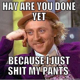 HAY ARE YOU DONE YET BECAUSE I JUST SHIT MY PANTS  Condescending Wonka