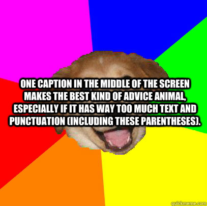 One caption in the middle of the screen makes the best kind of advice animal, especially if it has way too much text and punctuation (including these parentheses).   Advice Dog