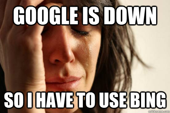 Google is down So I have to use bing  First World Problems