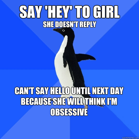 Say 'hey' to girl CAN'T SAY HELLO UNTIL NEXT DAY because she will think I'm obsessive She Doesn't reply   Socially Awkward Penguin