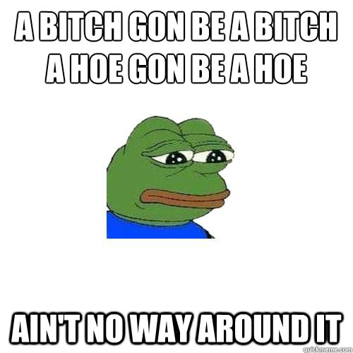 A BITCH GON BE A BITCH
A HOE GON BE A HOE AIN't no way AROUND IT  Sad Frog