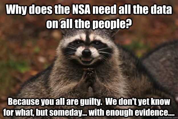 Why does the NSA need all the data on all the people? Because you all are guilty.  We don't yet know for what, but someday... with enough evidence.... - Why does the NSA need all the data on all the people? Because you all are guilty.  We don't yet know for what, but someday... with enough evidence....  Evil Plotting Raccoon