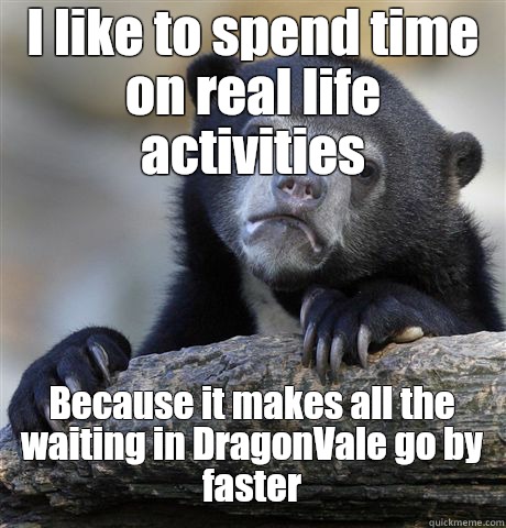 I like to spend time on real life activities Because it makes all the waiting in DragonVale go by faster  Confession Bear