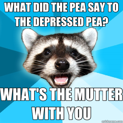 WHAT DID THE PEA SAY TO THE DEPRESSED PEA? WHAT'S THE MUTTER WITH YOU - WHAT DID THE PEA SAY TO THE DEPRESSED PEA? WHAT'S THE MUTTER WITH YOU  Lame Pun Coon