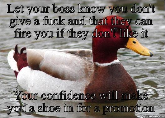 LET YOUR BOSS KNOW YOU DON'T GIVE A FUCK AND THAT THEY CAN FIRE YOU IF THEY DON'T LIKE IT YOUR CONFIDENCE WILL MAKE YOU A SHOE IN FOR A PROMOTION Malicious Advice Mallard