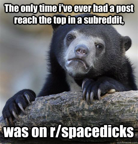 The only time i've ever had a post reach the top in a subreddit, was on r/spacedicks  Confession Bear