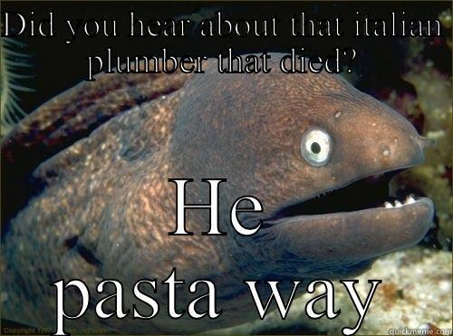 DID YOU HEAR ABOUT THAT ITALIAN PLUMBER THAT DIED? HE PASTA WAY Bad Joke Eel