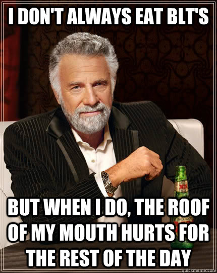 I don't always eat BLT's  but when I do, the roof of my mouth hurts for the rest of the day - I don't always eat BLT's  but when I do, the roof of my mouth hurts for the rest of the day  The Most Interesting Man In The World