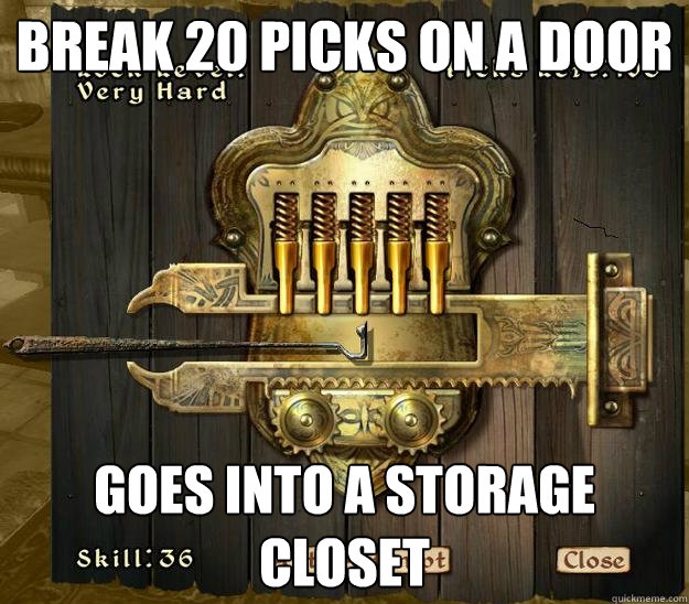 Break 20 picks on a door goes into a storage closet - Break 20 picks on a door goes into a storage closet  Oblivion