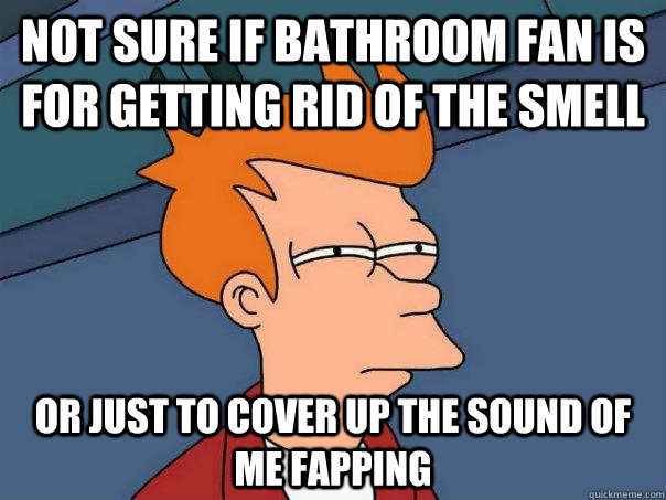 not sure if bathroom fan is for getting rid of the smell or just to cover up the sound of me fapping - not sure if bathroom fan is for getting rid of the smell or just to cover up the sound of me fapping  Futurama Fry