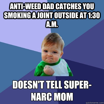 Anti-weed Dad catches you smoking a joint outside at 1:30 a.m. doesn't tell super-narc mom - Anti-weed Dad catches you smoking a joint outside at 1:30 a.m. doesn't tell super-narc mom  Success Kid