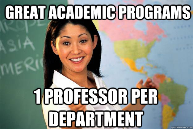 Great academic programs 1 professor per department  Unhelpful High School Teacher