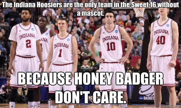 The Indiana Hoosiers are the only team in the Sweet 16 without a mascot. BECAUSE HONEY BADGER DON'T CARE. - The Indiana Hoosiers are the only team in the Sweet 16 without a mascot. BECAUSE HONEY BADGER DON'T CARE.  IU Sweet 16