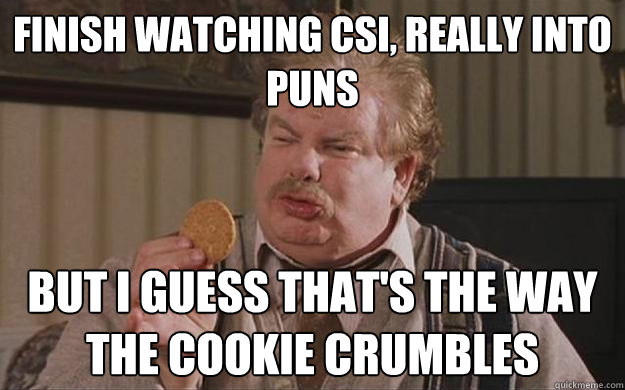 finish watching CSI, really into puns but I GUESS THAT's the way the cookie crumbles  