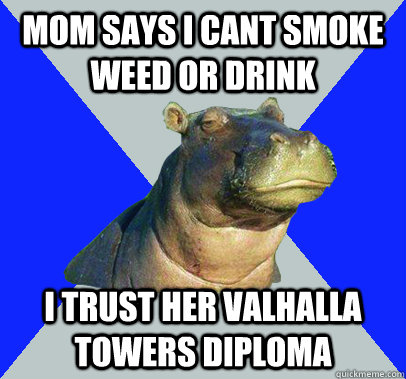 mom says i cant smoke weed or drink i trust her valhalla towers diploma  Skeptical Hippo