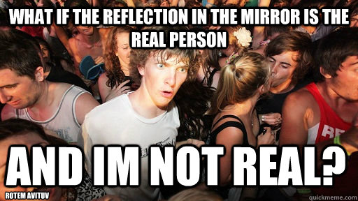 what if the reflection in the mirror is the real person and im not real? rotem avituv - what if the reflection in the mirror is the real person and im not real? rotem avituv  Sudden Clarity Clarence