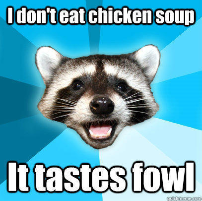 I don't eat chicken soup It tastes fowl  