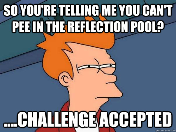 So you're telling me you can't pee in the reflection pool? ....Challenge Accepted - So you're telling me you can't pee in the reflection pool? ....Challenge Accepted  Futurama Fry