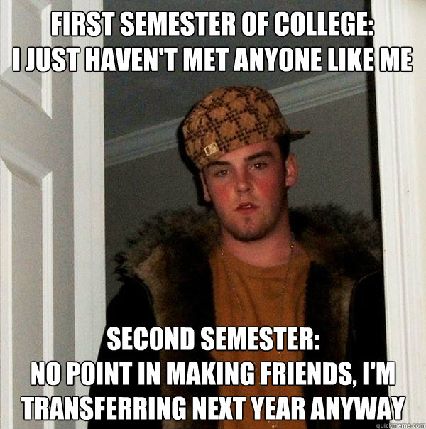 first semester of college:
I just haven't met anyone like me second semester:
no point in making friends, i'm transferring next year anyway - first semester of college:
I just haven't met anyone like me second semester:
no point in making friends, i'm transferring next year anyway  Scumbag Steve