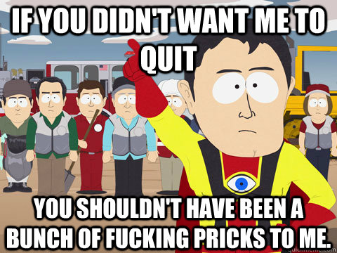 If you didn't want me to quit You shouldn't have been a bunch of fucking pricks to me.  Captain Hindsight