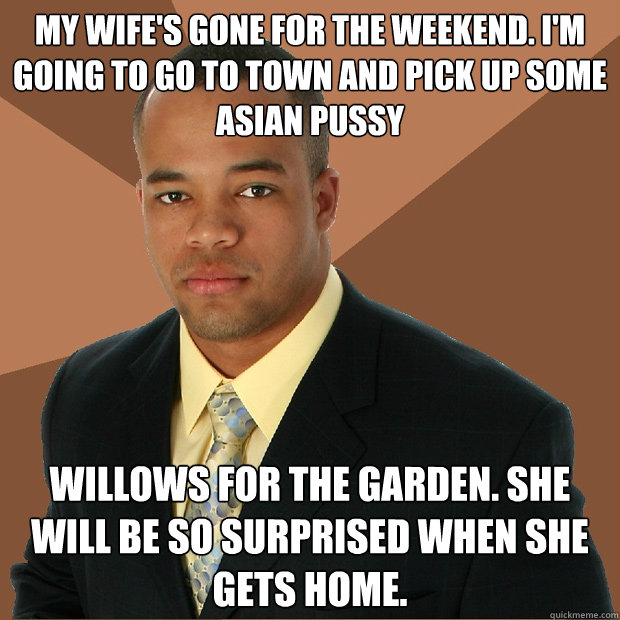 My wife's gone for the weekend. i'm going to go to town and pick up some asian pussy willows for the garden. She will be so surprised when she gets home.  Successful Black Man