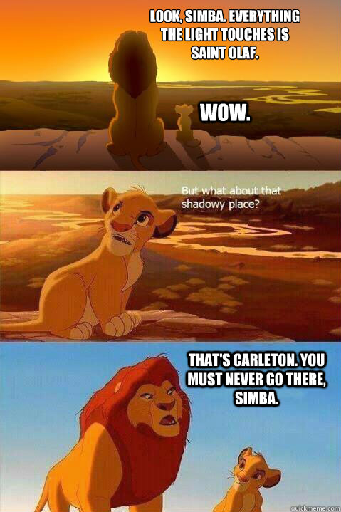 Look, Simba. Everything the light touches is 
Saint Olaf. Wow. That's Carleton. You must never go there, Simba.   Lion King Shadowy Place