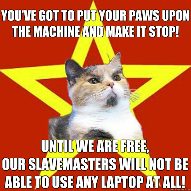 You’ve got to put your paws upon the machine and make it stop! Until we are free, 
our slavemasters will not be able to use any laptop at all!  Lenin Cat