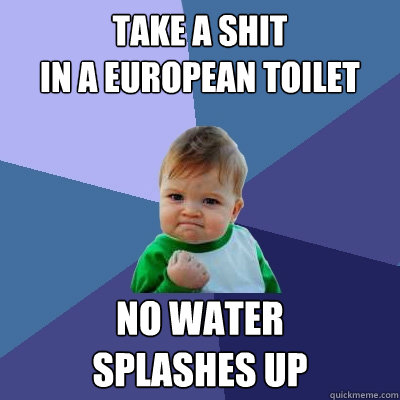 take a shit
in a european toilet no water 
splashes up - take a shit
in a european toilet no water 
splashes up  Success Kid