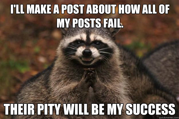 I'll make a post about how all of my posts fail. Their pity will be my success - I'll make a post about how all of my posts fail. Their pity will be my success  Evil Plotting Raccoon