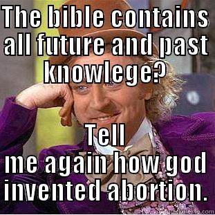 Wonka has another problem with a book - THE BIBLE CONTAINS ALL FUTURE AND PAST KNOWLEGE? TELL ME AGAIN HOW GOD INVENTED ABORTION. Creepy Wonka