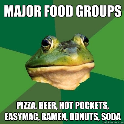 major food groups pizza, beer, hot pockets, easymac, ramen, donuts, soda - major food groups pizza, beer, hot pockets, easymac, ramen, donuts, soda  Foul Bachelor Frog