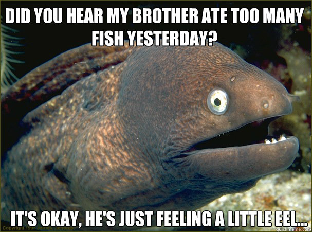 Did you hear my brother ate too many fish yesterday? It's Okay, he's just feeling a little Eel...  