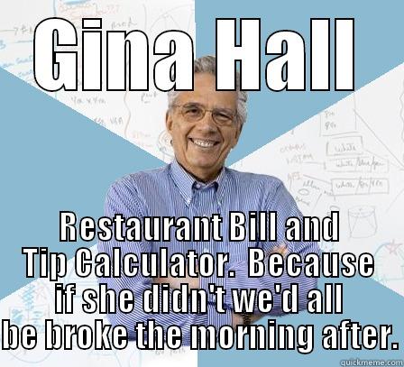 Restaurant Bill & Tip Calculator - GINA HALL RESTAURANT BILL AND TIP CALCULATOR.  BECAUSE IF SHE DIDN'T WE'D ALL BE BROKE THE MORNING AFTER. Engineering Professor