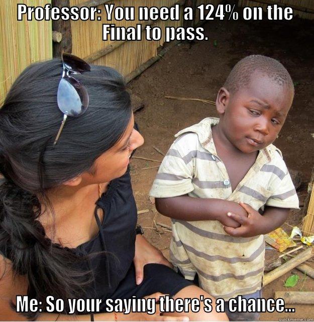 PROFESSOR: YOU NEED A 124% ON THE FINAL TO PASS. ME: SO YOUR SAYING THERE'S A CHANCE... Skeptical Third World Kid